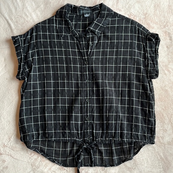 SANCTUARY Womens Black Front Tie windowpane Collared button down XS cotton - Picture 3 of 7
